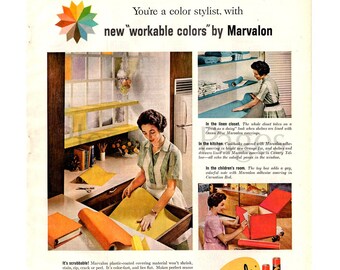 1960 Marvalon Decorative Coverings Vintage Ad, 1960's Decor, 1960's Housewife, Retro Shelf Liners, 1960's Kitchen, Advertising Art, Retro Ad