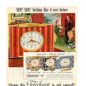 1951 Telechron Electric Clock Vintage Ad, 1950&#39;s Decor, 1950&#39;s Couple, Retro Clock, 1950&#39;s Fashion, Advertising Art, Decorative Clock.