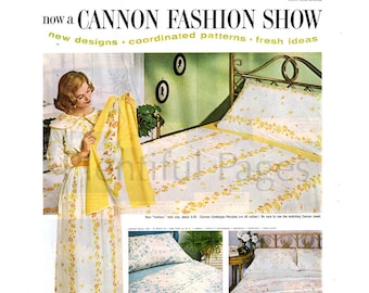 1960 Cannon Combspun Percales Vintage Ad, 1960's Housewife, 1960's Decor, Retro Bedsheets, 1960's Bedroom, "Fanfare" Pattern, Floral Sheets.