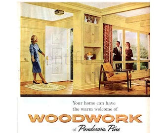 1960 Ponderosa Pine Woodwork Vintage Ad, 1960's Decor, Mid Century Modern, Retro Decor, 1960's Couple, 1960's Fashion, Retro Doorway.