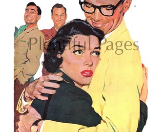 1950s Magazine Illustration, Retro Couple Fashion Art (10.5x13.5