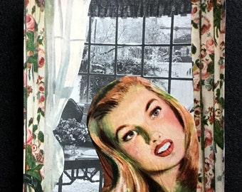Original Handmade Paper Collage Art, "Who's There?, Mixed Media, Ready to Frame.