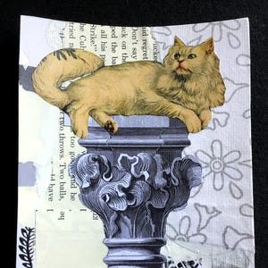 Original Collage Art, &quot;On a Pedestal&quot;, Handmade, Unframed Paper Collage, Wall Art, Cat, Vintage Papers, Great to Frame.