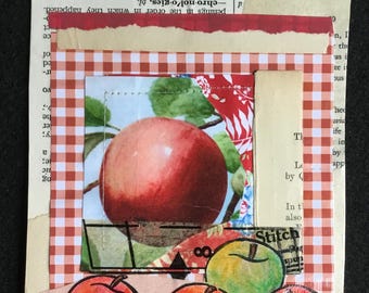 Original Collage Art, "Apples", Mixed Media Paper, Kitchen Wall Decor, Ready to Frame.