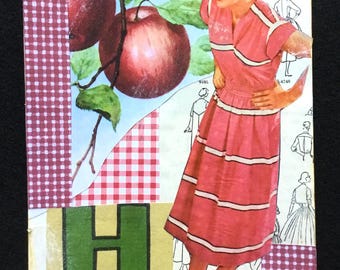 May include: Collage art featuring a woman in a pink dress with white stripes, apples, and the word "House". The background includes a red and white checkered pattern and text from a vintage sewing pattern.