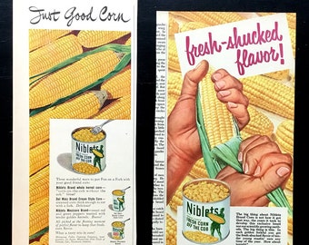 1950's Green Giant Niblets Sweet Corn Vintage Ads, Set of Two, Advertising Art, Magazine Ad, Canned Corn, Great for Collage.