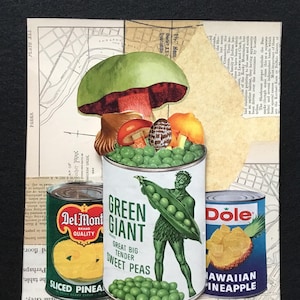 Original Collage Kunst, &quot;Sprossen&quot;, handgefertigte, ungerahmte Papiercollage, Wandkunst, Küchendeko, Vintage Papiere, Pilze, ideal zum Einrahmen.&quot;