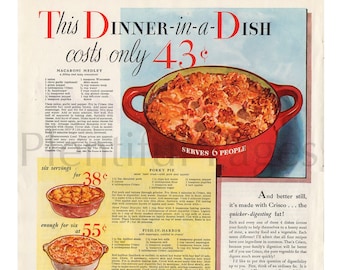 1933 Crisco Vintage Ad, Advertising Art, Magazine Ad, 1930's Dinner, Advertisement, 1930's Recipes, Great for Framing.