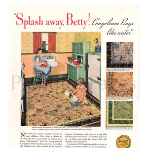 1933 Congoleum Gold Seal Rugs Vintage Ad, 1930&#39;s Kitchen, Advertising Art, Magazine Ad, Advertisement, Great for Framing.