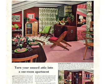 1940's Armstrong's Linoleum Floors Vintage Ad, 1940's Decor, Advertising Art, Magazine Ad, 1940's Attic Apartment, Great to Frame.