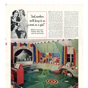 1939 Armstrong's Linoleum Floors Vintage Ad, Advertising Art, 1930's Playroom, Magazine Ad, Advertisement, Great to Frame.