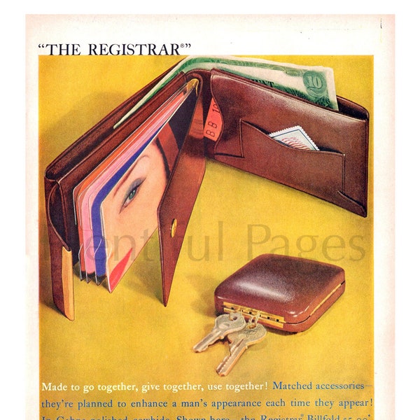 1958 Prince Gardner Billfold Vintage Ad, Advertising Art, Wallet, Magazine Ad, Leather Accessories, Great to Frame.