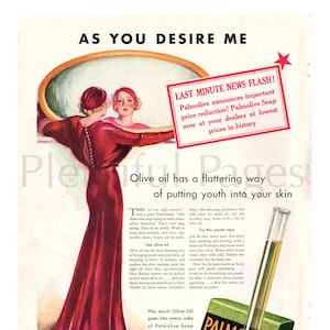 1933 Palmolive Beauty Bar Vintage Anzeige, Werbekunst, ZeitschriftenAnzeige, 1930er Jahre Mode, Werbung, Seife, ideal zum Rahmen.