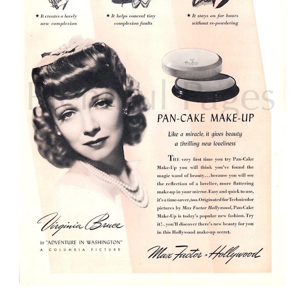 1941 Max Factor Vintage Ad, Virginia Bruce, Advertising Art, Pan-Cake Make-Up, Magazine Ad, 1940's Fashion, Great to Frame.