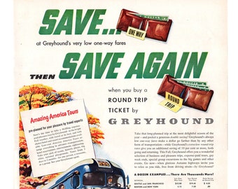 Anúncio de ônibus Greyhound de 1950, arte publicitária de viagens vintage.