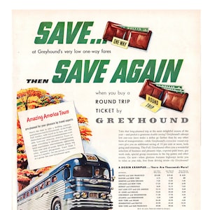 1950 Greyhound Bus Vintage Ad, Advertising Art, 1950&#39;s Travel, Magazine Ad, Advertisement, Vacation, Great to Frame.