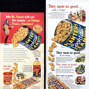 Annunci vintage di fioriere dadi degli anni '50, set di due, arte pubblicitaria, cocktail Peanuts, annuncio su rivista, Mr. Peanut, ottimo da incorniciare.