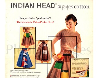 1955 Indian Head Cotton Vintage Magazine Ad, 1950s Fashion, Sewing Art.