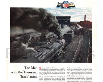1944 Union Pacific Railroad Ad, Vintage Train Locomotive Art