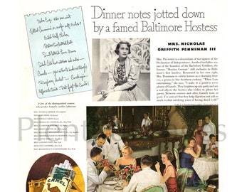 May include: A vintage advertisement for Camel cigarettes featuring a woman in a dress and a group of people at a dinner table. The ad text highlights the benefits of smoking Camels for digestion. The text reads "Smoking Camels between meals and after has a welcome effect on digestion." and "For Digestion's Sake - Smoke Camels."