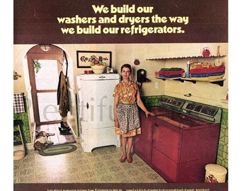 1972 Frigidaire Vintage Ad, Advertising Art, Refrigerator, Magazine Ad, Washing Machine, Advertisement, Great to Frame.