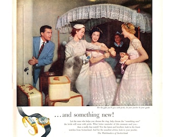Anuncio de reloj suizo de 1954, impresión de revista vintage "Newlyweds"