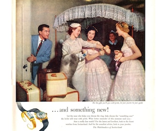 1954 Swiss Federation of Watch Manufacturers Vintage Ad, Advertising Art, Magazine Ad, Newlyweds, Great to Frame.