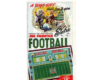 May include: A vintage advertisement for Jim Prentice Electric Football. The ad features a colorful illustration of a family playing the game, along with a close-up of the game board. The text reads "A Boys Gift that's fun to give" and "Surprise him with amazing Jim Prentice Electric Football". The price is listed as $10.00.