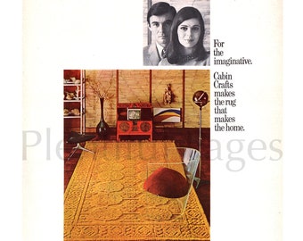 May include: A yellow and gold patterned rug with a fringe border. The rug is in a living room with a red and black stereo and a clear plastic chair. The text "Cabin Crafts makes the rug that makes the home." is in the upper right corner of the image.