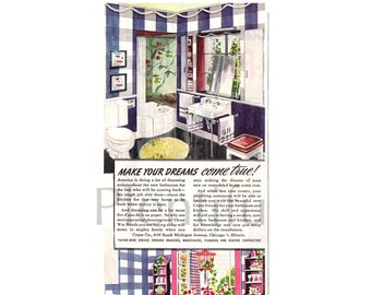 1944 Crane Vintage Ad, Advertising Art, 1940's Kitchen, Magazine Ad, 1940's Bathroom, Advertisement, Great to Frame.