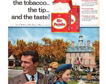 1957 Hit Parade Cigarettes Vintage Ad, Advertising Art, Williamsburg, VA, Magazine Ad, Advertisement, Great to Frame.