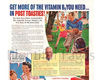 1940 Post Toasties Corn Flakes Vintage Ad, Advertising Art, Cereal, Magazine Ad, Advertisement, Great to Frame.