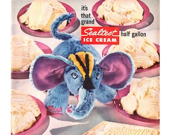 1954 Sealtest Ice Cream Vintage Ad, Advertising Art, Elephant, Magazine Ad, Advertisement, Great to Frame.