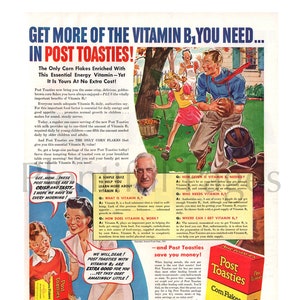 1940 Post Toasties Corn Flakes Vintage Ad, Advertising Art, Cereal, Magazine Ad, Advertisement, Great to Frame.