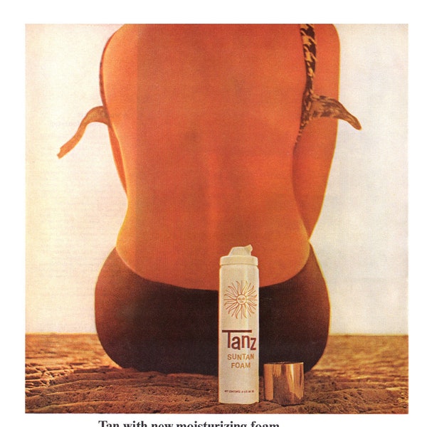 1964 Tanz Suntan Foam Vintage Ad, Advertising Art, Magazine Ad, 1960's Bathing Suit, Tanning, Great to Frame.