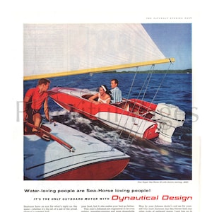 1959 Johnson Sea-Horse 35 Outboard Motor Boat Vintage Ad, Advertising Art, Boating, Magazine Ad, Great to Frame.