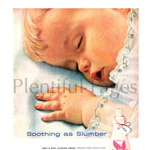 1959 Johnson & Johnson Baby Liquid Cream Vintage Ad, Advertising Art, Magazine Ad, Baby Sleeping, Advertisement, Great to Frame.