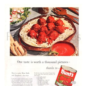 Anúncio vintage de molho de tomate Hunt de 1955, arte publicitária, espaguete e almôndegas, anúncio de revista, anúncio, ótimo para emoldurar.
