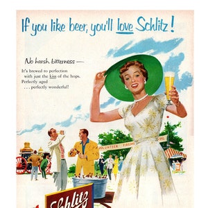 1954 Schlitz Beer Vintage Ad, Advertising Art, Magazine Ad, 1950&#39;s Fashion, Advertisement, Great to Frame.