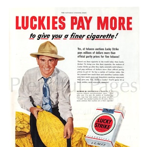 1940&#39;s Lucky Strike Cigarettes Vintage Ad, Advertising Art, Luckies, Magazine Ad, Tobacco Leaf, Great to Frame.