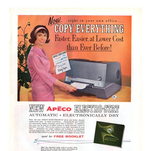 1963 Apeco Electro-Stat Vintage Ad, Photocopy Equipment, Advertising Art, Magazine Ad, Copier, Advertisement, Great to Frame.