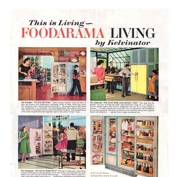 1959 Kelvinator Refrigerator Vintage Ad, Advertising Art, 1950's Kitchen, Magazine Ad, Foodarama, Advertisement, Great to Frame.