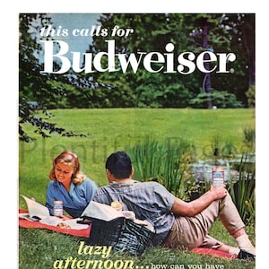 1962 Budweiser Vintage Ad, Advertising Art, Beer, Magazine Ad, Advertisement, Picnic, Great to Frame.