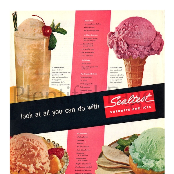 1953 Sealtest Sherbets and Ices Vintage Ad, Advertising Art, Dessert, Magazine Ad, Advertisement, Sherbet Cone, Great to Frame.
