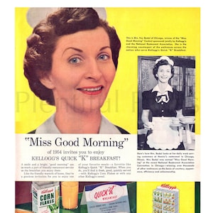1954 Kellogg&#39;s Corn Flakes Vintage Ad, Advertising Art, Cereal, Magazine Ad, 1950&#39;s Breakfast, Advertisement, Great to Frame.