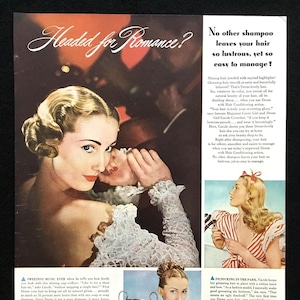 1946 Drene Shampoo Vintage Ad, Advertising Art, Magazine Ad, 1940&#39;s Fashion, Advertisement, Great for Framing.