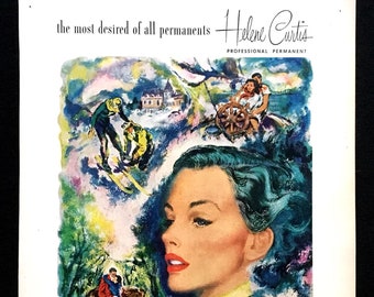 Pubblicità di Helene Curtis del 1952, arte pubblicitaria vintage per la cura dei capelli