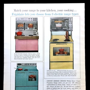 Pubblicità vintage per fornello elettrico Frigidaire degli anni '60, arte pubblicitaria, annuncio su rivista, stufa, annuncio stampato, ottimo da incorniciare.