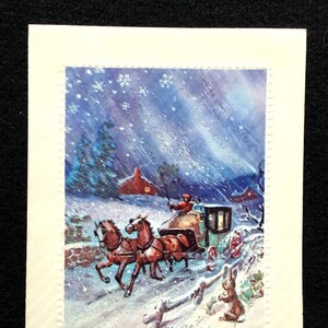 Biglietto d'auguri natalizio vintage anni '40, biglietto di Natale, biglietto d'epoca, carrozza trainata da cavalli, ottimo da incorniciare.