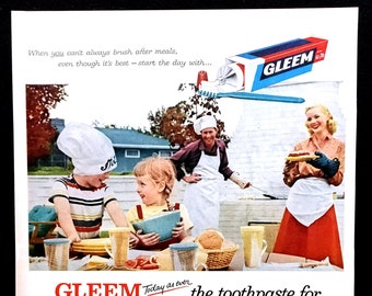 1957 Gleem Toothpaste Vintage Ad, Picnic, Advertising Art, Magazine Ad, Great for Framing.